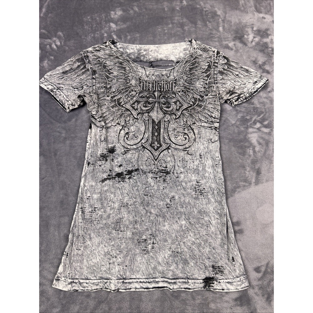 Affliction Angel Gray Graphic T-Shirt Women's SZ M SS Distressed Y2K Grunge VTG